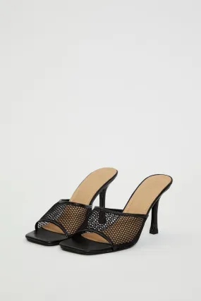 Black Angelina Mesh Square Toe Mule High Heeled Shoe