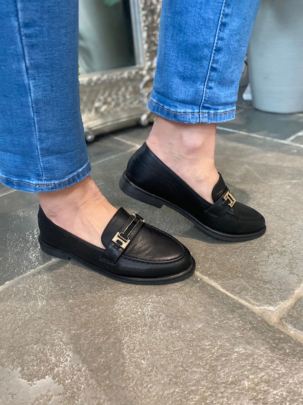 Black Bar Detail Heeled Loafers