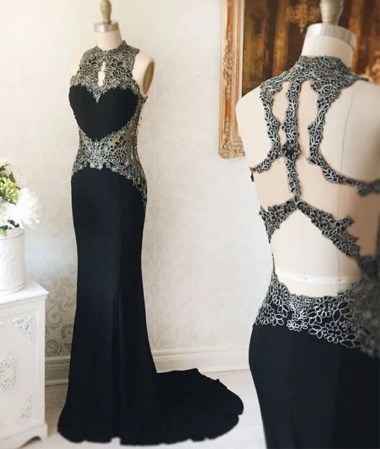 Black lace mermaid long prom dress, black evening dress