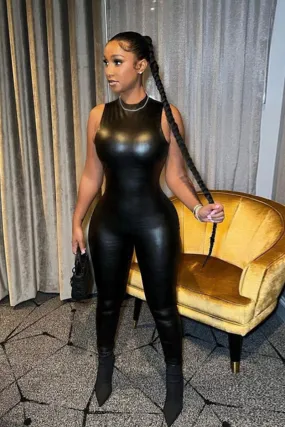 Black Sleeveless Leather Jumpsuit Mock Neck