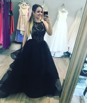 Black tulle lace long prom dress, evening dress