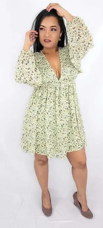 Ditsy Floral Mini Dress Long Sleeves