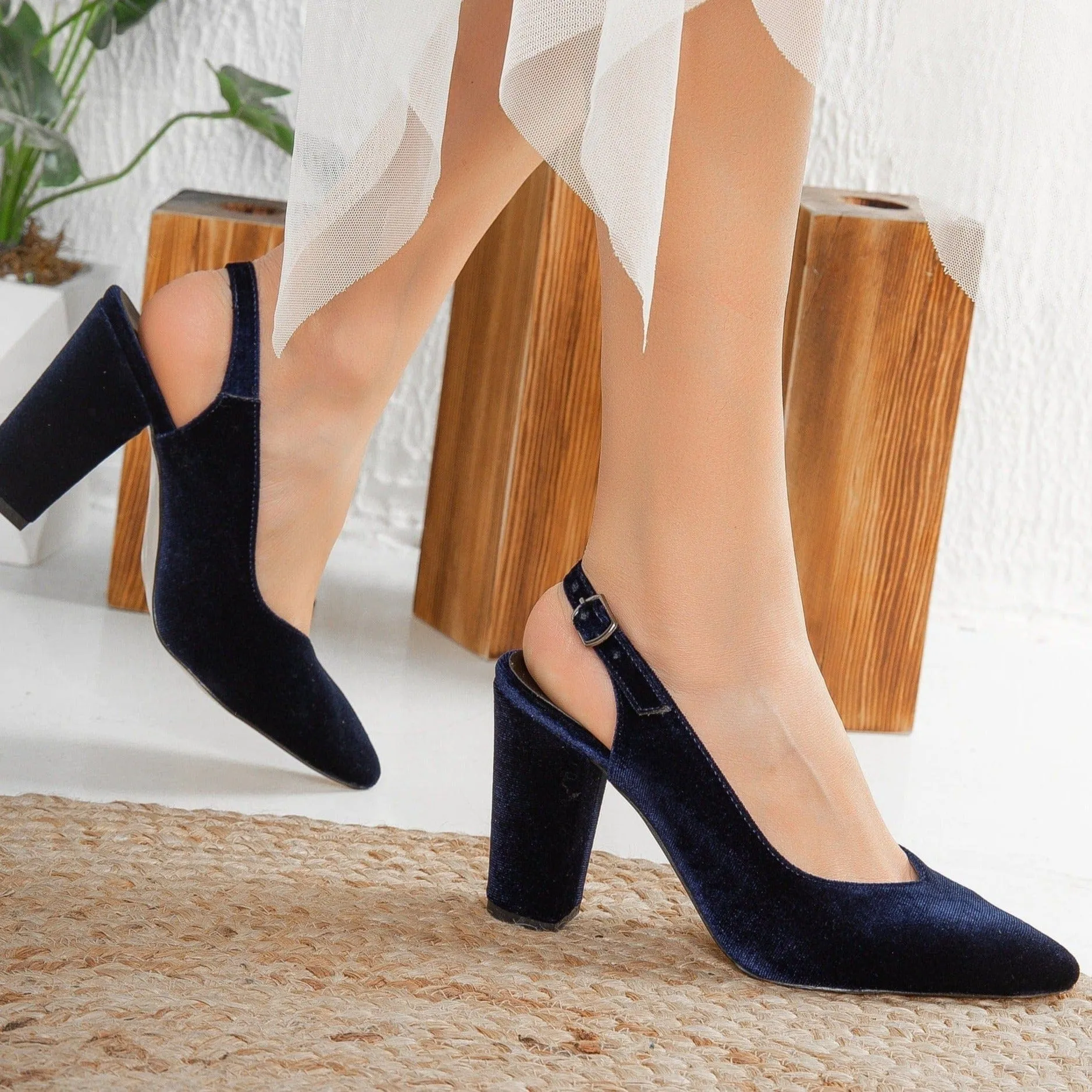 Emma Vegan Velvet Slingback High Heels | Blue