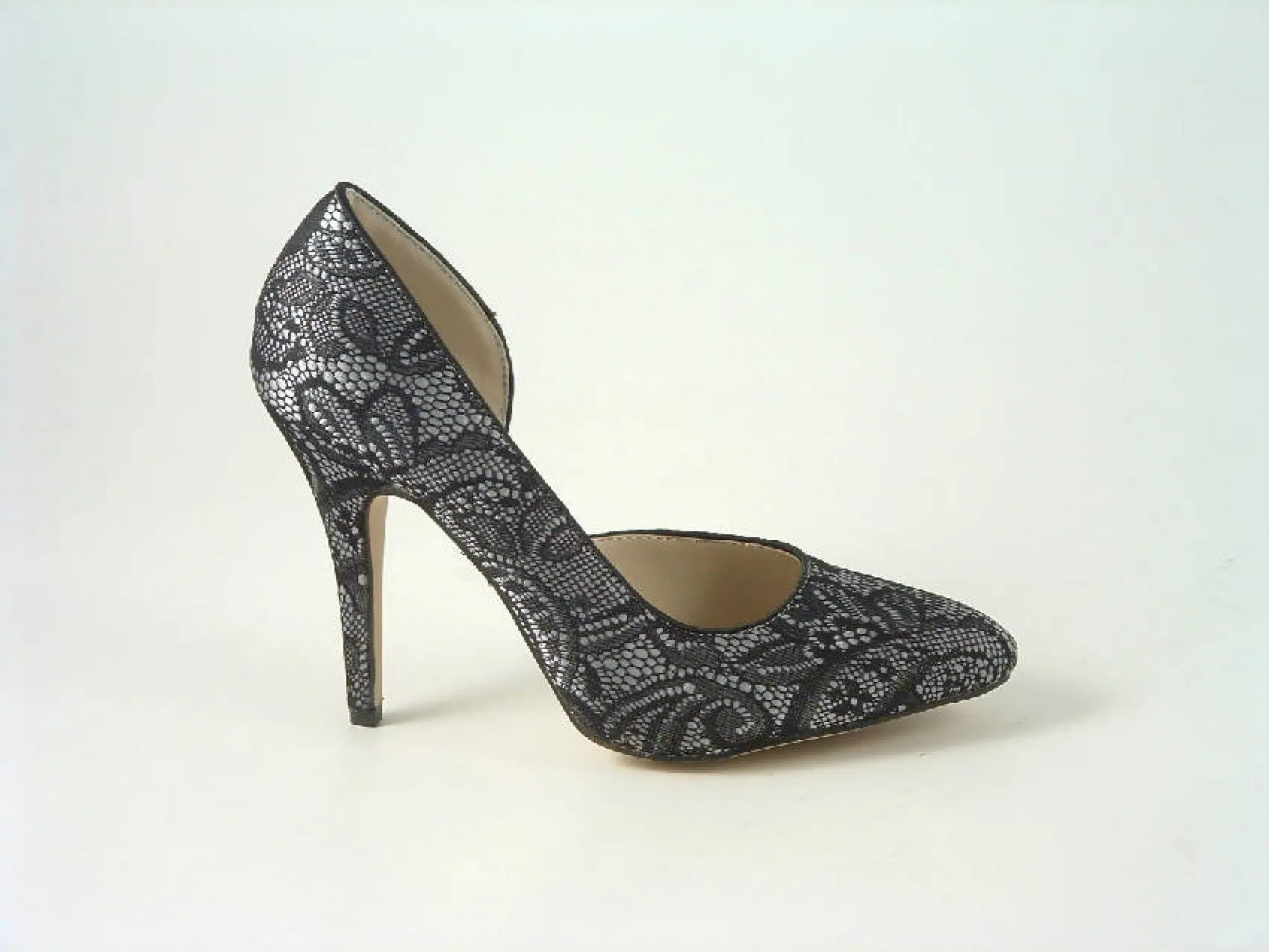 Glitz Shoes Lace Satin Open Waist High Heel Court Shoe