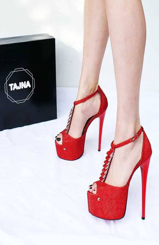 Red Shimmer Ankle Strap Peep Toe